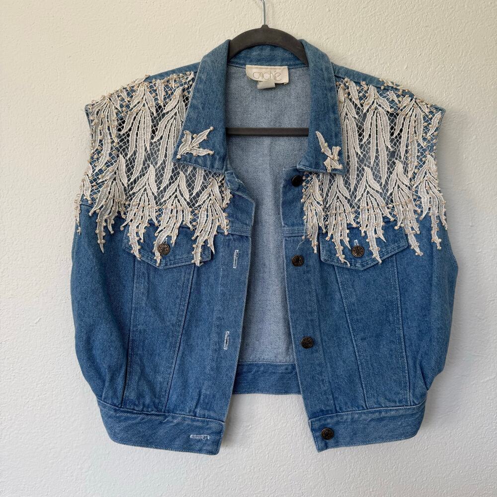 Vintage Y2K Cache Beaded Lace Embroidered Denim Vest Boho Festival Coachella L